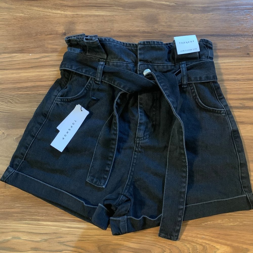 TOPSHOP Black Paperbag High Waist Shorts